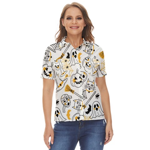 Funny Hand Drawn Halloween Pattern Women s Short Sleeve Double Pocket Shirt by Simbadda