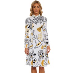 Funny Hand Drawn Halloween Pattern Long Sleeve Shirt Collar A-line Dress by Simbadda