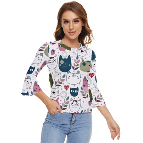 Pattern With Cute Cat Heads Bell Sleeve Top by Simbadda