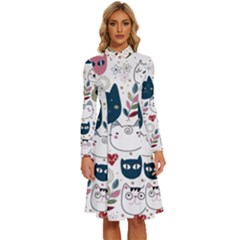 Pattern With Cute Cat Heads Long Sleeve Shirt Collar A-line Dress by Simbadda