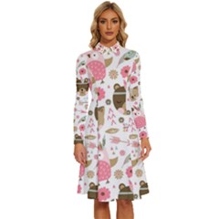 Pink Animals Pattern Long Sleeve Shirt Collar A-line Dress by Simbadda