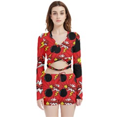 Pop Art Comic Pattern Bomb Boom Explosion Background Velvet Wrap Crop Top And Shorts Set by Simbadda