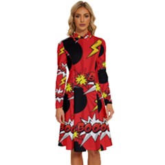 Pop Art Comic Pattern Bomb Boom Explosion Background Long Sleeve Shirt Collar A-line Dress by Simbadda