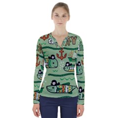 Seamless Pattern Fishes Pirates Cartoon V-neck Long Sleeve Top by Simbadda