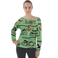 Seamless Pattern Fishes Pirates Cartoon Off Shoulder Long Sleeve Velour Top by Simbadda