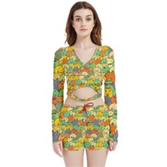 Seamless Pattern With Doodle Bunny Velvet Wrap Crop Top And Shorts Set by Simbadda