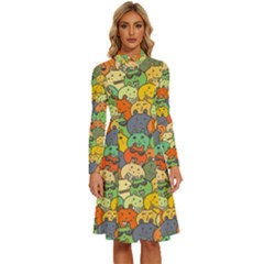 Seamless Pattern With Doodle Bunny Long Sleeve Shirt Collar A-line Dress by Simbadda