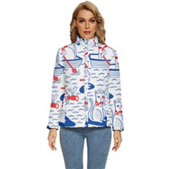 Nautical Cats Seamless Pattern Women s Puffer Bubble Jacket Coat by Simbadda