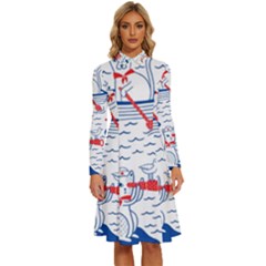 Nautical Cats Seamless Pattern Long Sleeve Shirt Collar A-line Dress by Simbadda