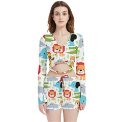 Seamless Pattern Vector With Animals Cartoon Velvet Wrap Crop Top And Shorts Set by Simbadda