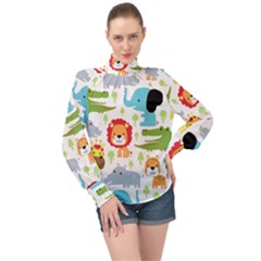 Seamless Pattern Vector With Animals Cartoon High Neck Long Sleeve Chiffon Top by Simbadda