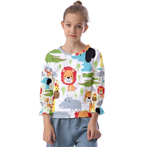 Seamless Pattern Vector With Animals Cartoon Kids  Cuff Sleeve Top by Simbadda