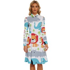 Seamless Pattern Vector With Animals Cartoon Long Sleeve Shirt Collar A-line Dress by Simbadda