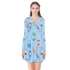 Medical Seamless Pattern Long Sleeve V-neck Flare Dress by Simbadda