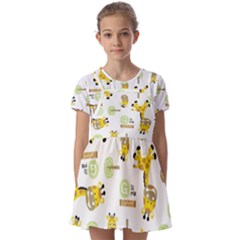 Vector Pattern With Cute Giraffe Cartoon Kids  Short Sleeve Pinafore Style Dress by Simbadda