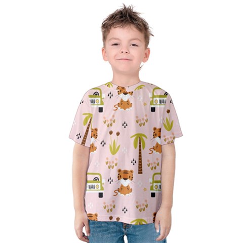 Cute Tiger Car Safari Seamless Pattern Kids  Cotton Tee by Simbadda