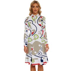 Animals Pattern Long Sleeve Shirt Collar A-line Dress by Simbadda