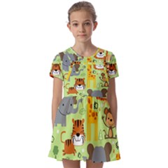 Seamless Pattern Vector With Animals Wildlife Cartoon Kids  Short Sleeve Pinafore Style Dress by Simbadda