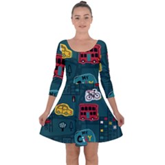 Seamless Pattern Hand Drawn With Vehicles Buildings Road Quarter Sleeve Skater Dress by Simbadda