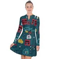 Seamless Pattern Hand Drawn With Vehicles Buildings Road Long Sleeve Panel Dress by Simbadda