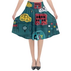 Seamless Pattern Hand Drawn With Vehicles Buildings Road Flared Midi Skirt by Simbadda