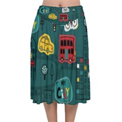 Seamless Pattern Hand Drawn With Vehicles Buildings Road Velvet Flared Midi Skirt by Simbadda