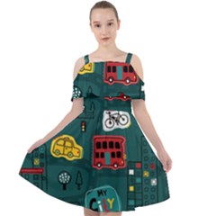 Seamless Pattern Hand Drawn With Vehicles Buildings Road Cut Out Shoulders Chiffon Dress by Simbadda