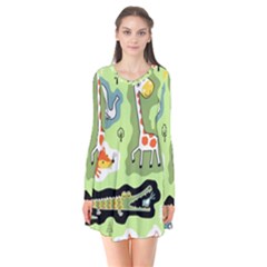 Seamless-pattern-with-wildlife-animals-cartoon Long Sleeve V-neck Flare Dress by Simbadda