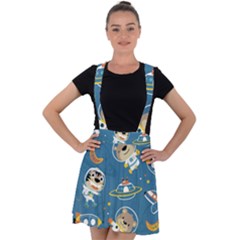 Seamless-pattern-funny-astronaut-outer-space-transportation Velvet Suspender Skater Skirt by Simbadda