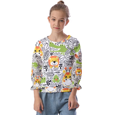 Seamless Pattern With Wildlife Cartoon Kids  Cuff Sleeve Top by Simbadda