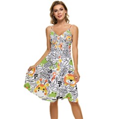 Seamless Pattern With Wildlife Cartoon Sleeveless Tie Front Chiffon Dress by Simbadda