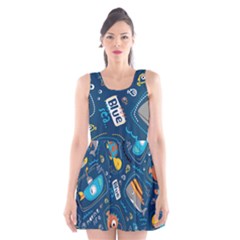 Seamless Pattern Vector Submarine With Sea Animals Cartoon Scoop Neck Skater Dress by Simbadda