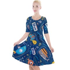 Seamless Pattern Vector Submarine With Sea Animals Cartoon Quarter Sleeve A-line Dress by Simbadda