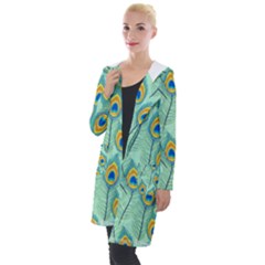 Lovely Peacock Feather Pattern With Flat Design Hooded Pocket Cardigan by Simbadda