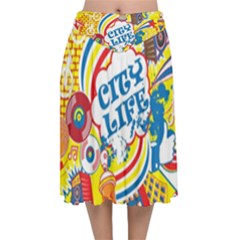 Colorful City Life Horizontal Seamless Pattern Urban City Velvet Flared Midi Skirt by Simbadda