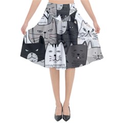 Cute Cat Hand Drawn Cartoon Style Flared Midi Skirt by Simbadda