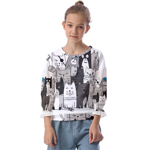 Cute Cat Hand Drawn Cartoon Style Kids  Cuff Sleeve Top by Simbadda