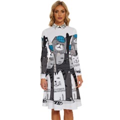 Cute Cat Hand Drawn Cartoon Style Long Sleeve Shirt Collar A-line Dress by Simbadda