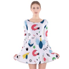 Vector Set Isolates With Cute Bird Scandinavian Style Long Sleeve Velvet Skater Dress by Simbadda