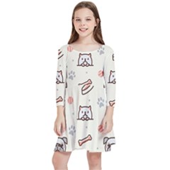 Pug-dog-cat-with-bone-fish-bones-paw-prints-ball-seamless-pattern-vector-background Kids  Quarter Sleeve Skater Dress by Simbadda