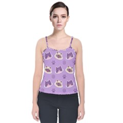 Cute-colorful-cat-kitten-with-paw-yarn-ball-seamless-pattern Velvet Spaghetti Strap Top by Simbadda