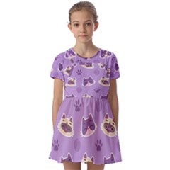 Cute-colorful-cat-kitten-with-paw-yarn-ball-seamless-pattern Kids  Short Sleeve Pinafore Style Dress by Simbadda