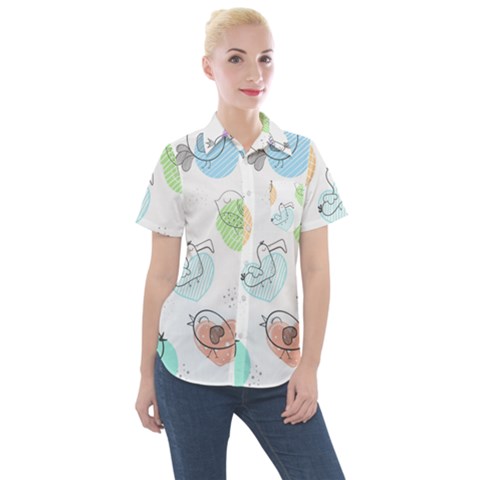 Cartoon-bird-cute-doodle-bird Women s Short Sleeve Pocket Shirt by Simbadda