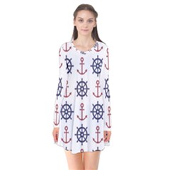 Nautical-seamless-pattern Long Sleeve V-neck Flare Dress by Simbadda