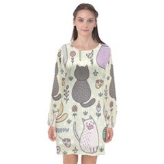 Funny Cartoon Cat Seamless Pattern Long Sleeve Chiffon Shift Dress  by Simbadda