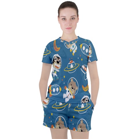 Seamless-pattern-funny-astronaut-outer-space-transportation Women s Tee And Shorts Set by Simbadda