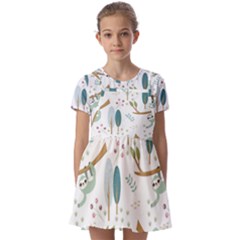 Pattern-sloth-woodland Kids  Short Sleeve Pinafore Style Dress by Simbadda