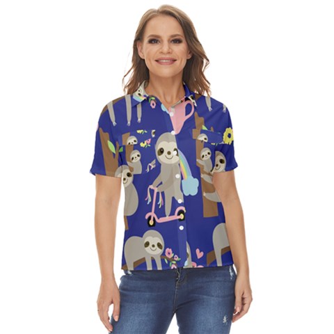 Hand-drawn-cute-sloth-pattern-background Women s Short Sleeve Double Pocket Shirt by Simbadda