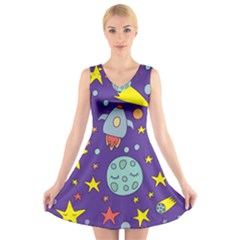 Card-with-lovely-planets V-neck Sleeveless Dress by Simbadda