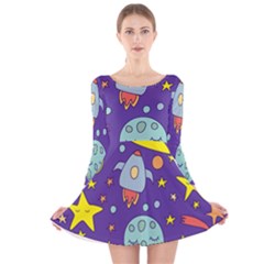 Card-with-lovely-planets Long Sleeve Velvet Skater Dress by Simbadda